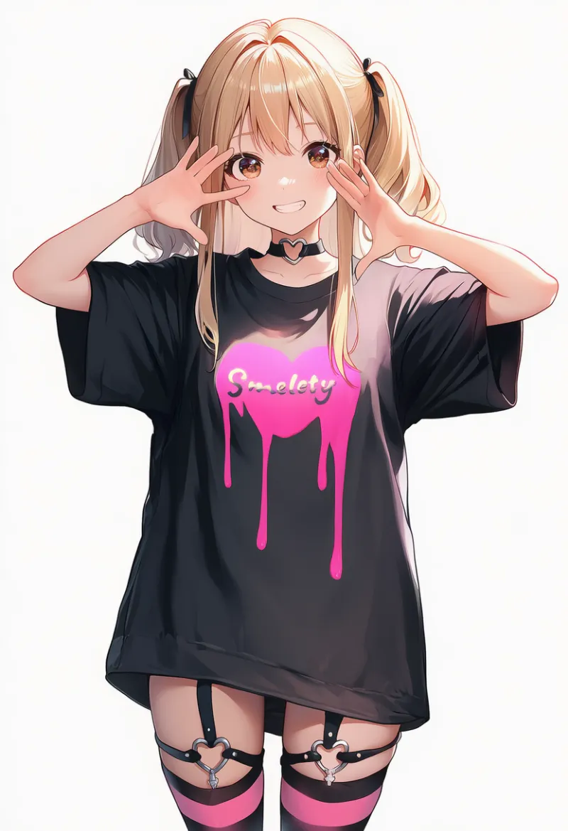 ダボダボの黒Tシャツとレッグガーターのコーデ｜大きめサイズの服のAIイラスト作例