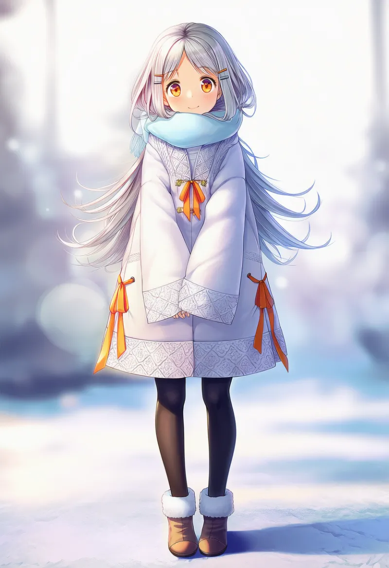 白コートと水色スカーフを使ったオーバーサイズコーデ｜大きめサイズの服のAIイラスト作例