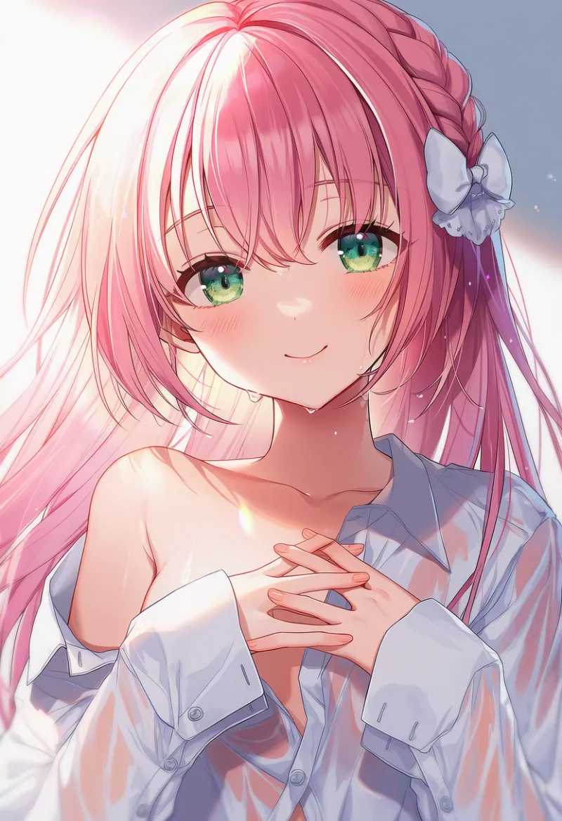 オフショル風・シースルーの白シャツを使った作例｜大きめサイズの服のAIイラスト作例