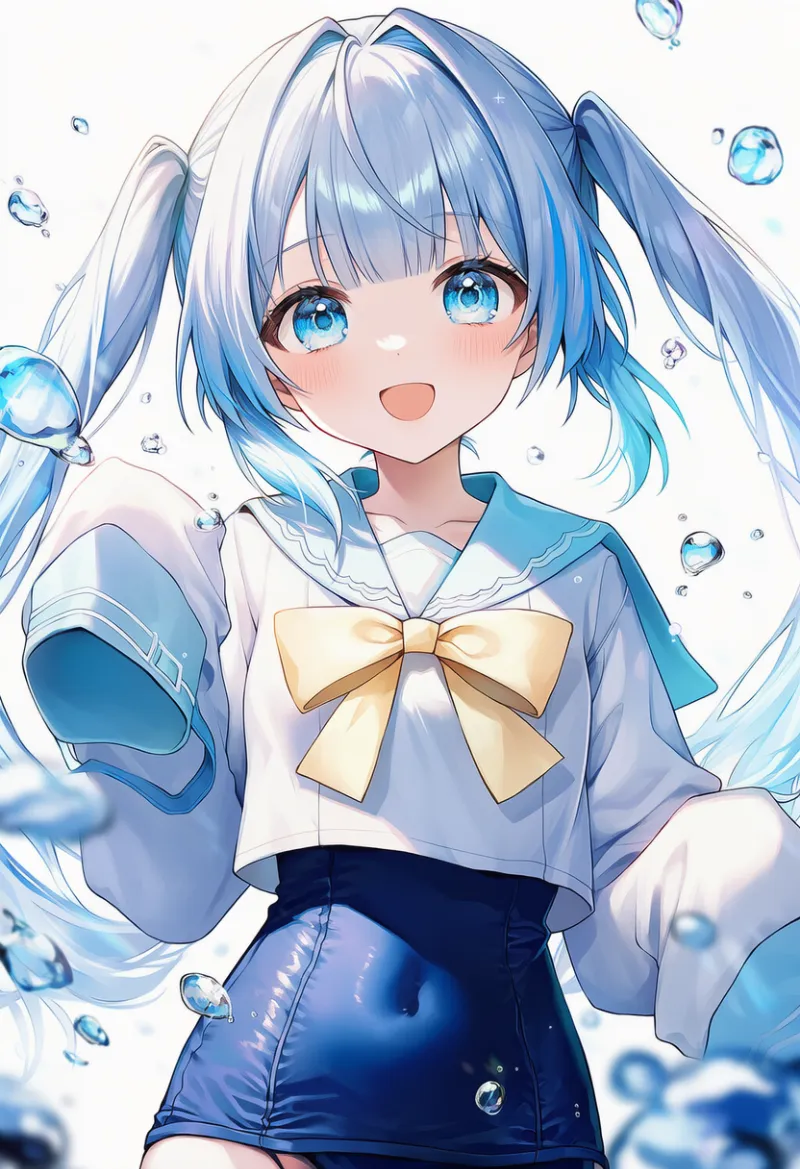 スクール水着とオーバーサイズのセーラートップの組み合わせ｜大きめサイズの服のAIイラスト作例