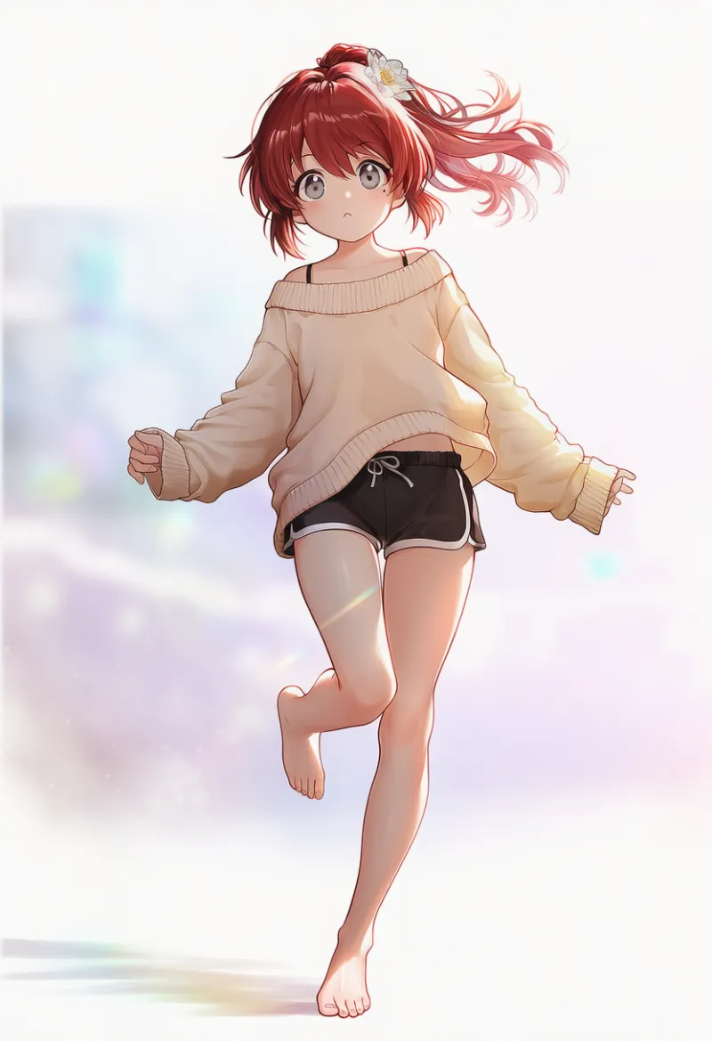 だぼゆるセーターと短パンを使ったサイズ感強調コーデ｜大きめサイズの服のAIイラスト作例