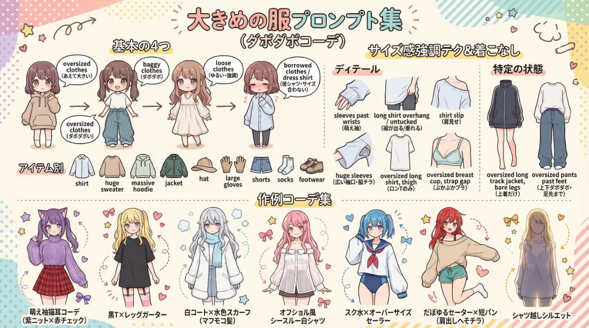大きめの服のプロンプト集（ダボダボな服のコーデ）の図解用イラスト