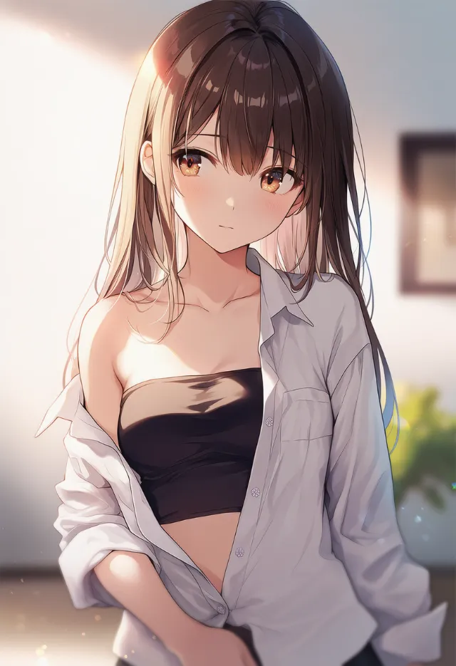 一部ボタンが外れて胸元が少し開くプロンプトの紹介とAIイラスト作例