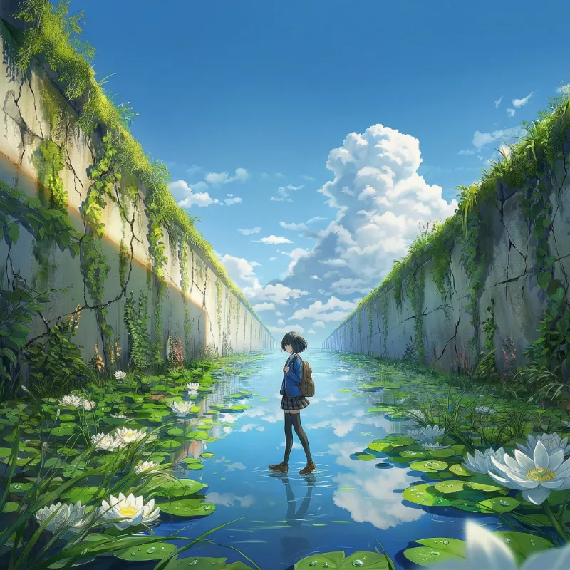 水辺の廃墟を歩く美少女（消失点）の作例と再現用プロンプトの全文紹介
