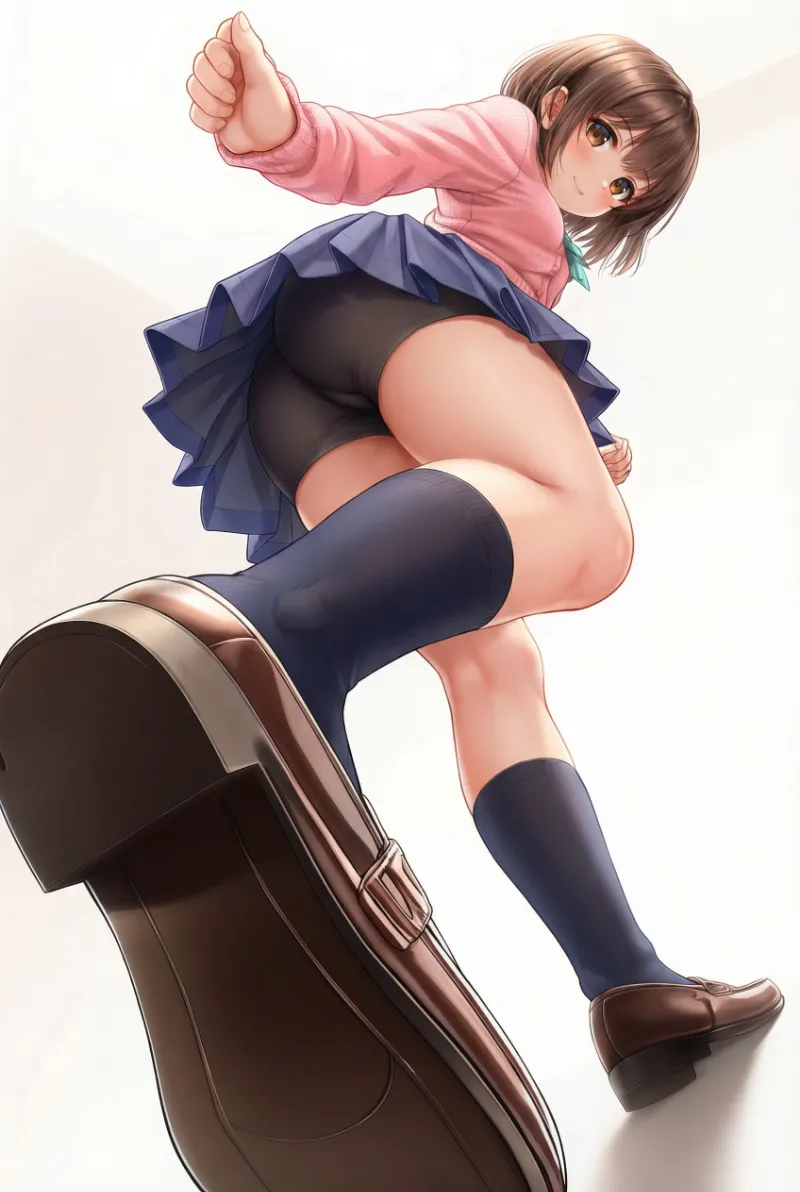 ローアングルで見上げるローファーの靴裏（遠近法）の作例と再現用プロンプトの全文紹介