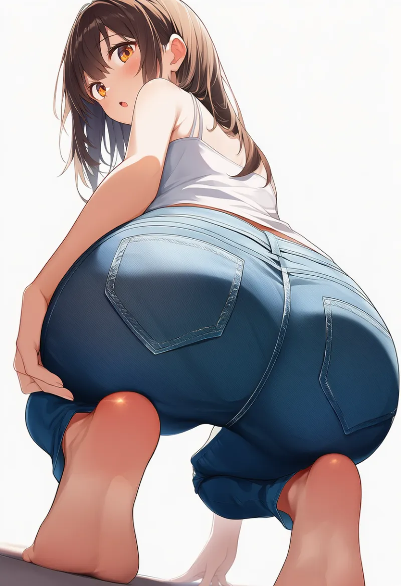 ローアングルで振り返るパンツルックの美少女（遠近法）の作例と再現用プロンプトの全文紹介