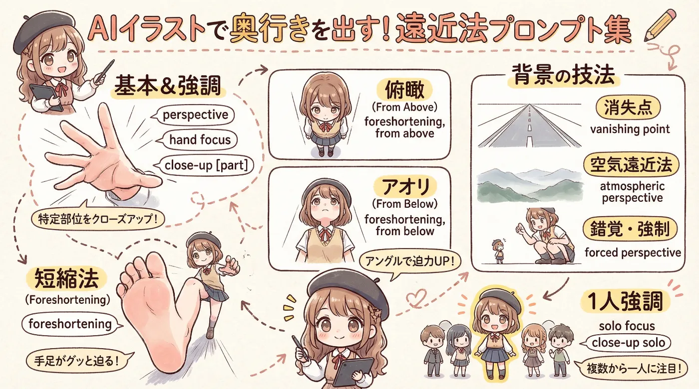 遠近法プロンプトを使った奥行き表現の総まとめの図解イラスト