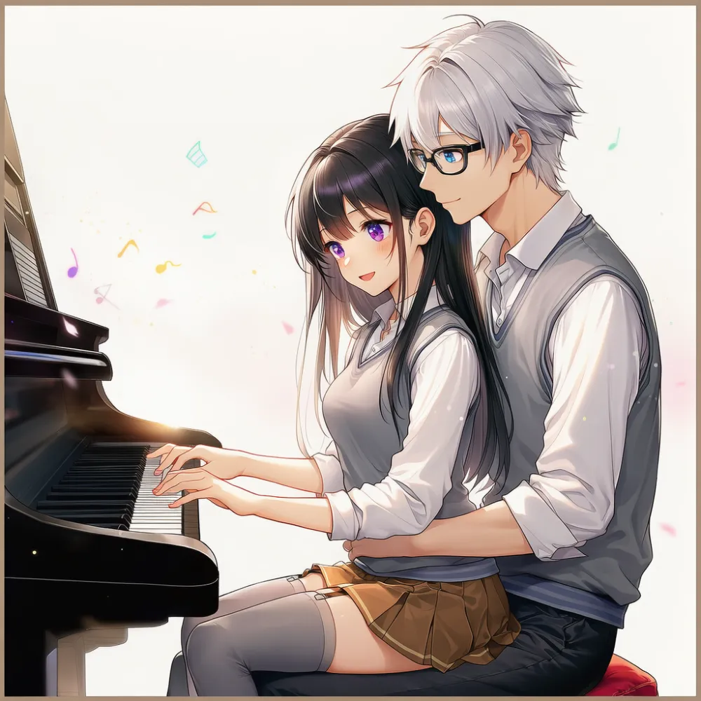 膝の上に座ってピアノを演奏するシーンのプロンプトとAIイラスト