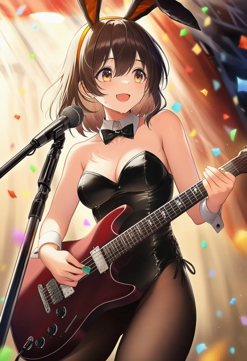 バニーガール姿でギターを弾き歌うステージ演奏プロンプトとAIイラスト