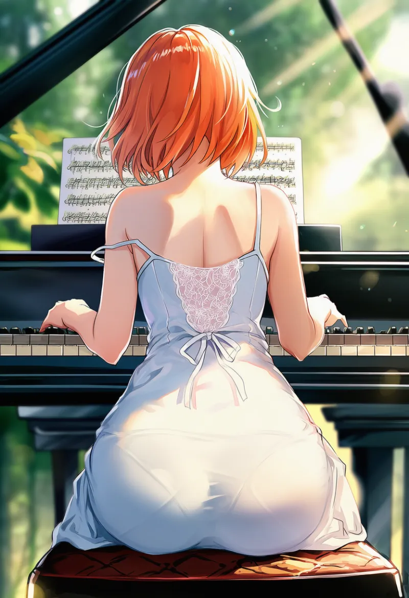 後ろ姿でピアノを演奏するシーンのプロンプトとAIイラスト