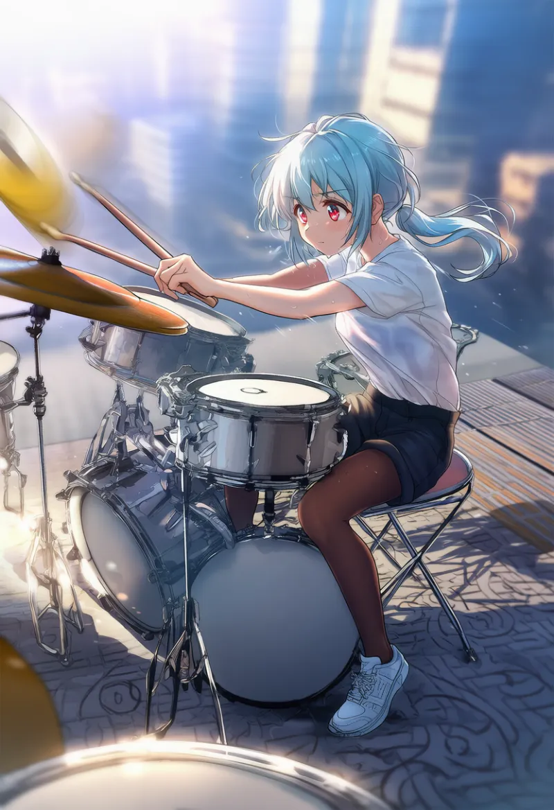 屋上でドラムを演奏するシーンのプロンプトとAIイラスト