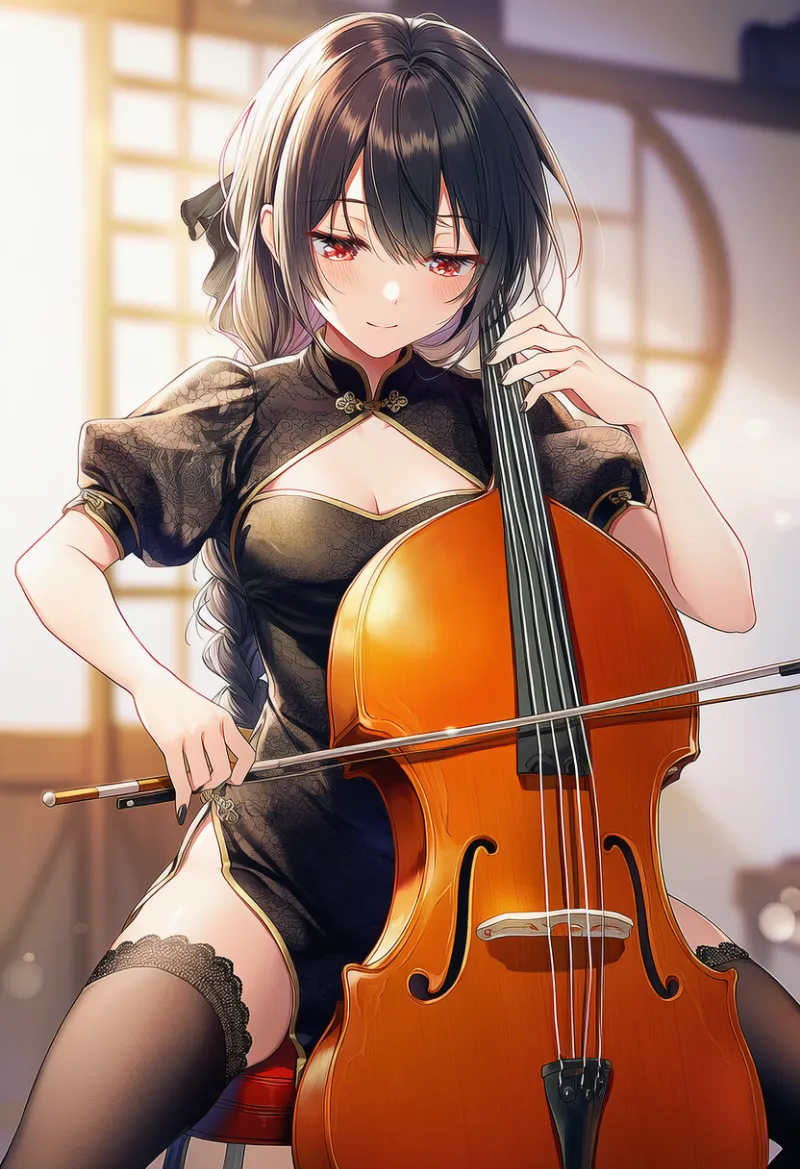 和室でチェロを演奏するシーンのプロンプト(チャイナドレス)とAIイラスト