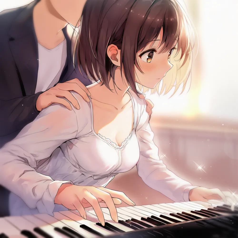 男性がピアノを演奏する美少女の肩に手を置いているAIイラスト作例
