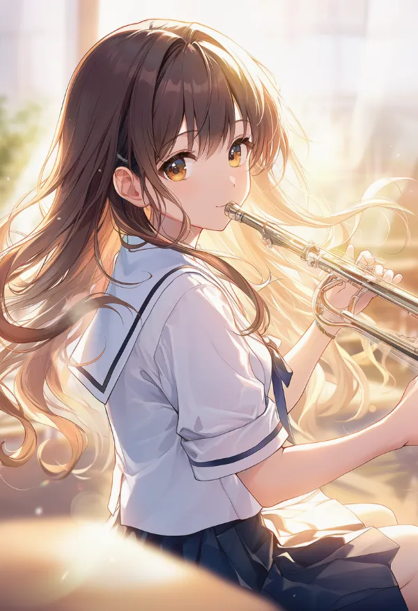制服姿でトランペットを演奏するAIイラスト作例