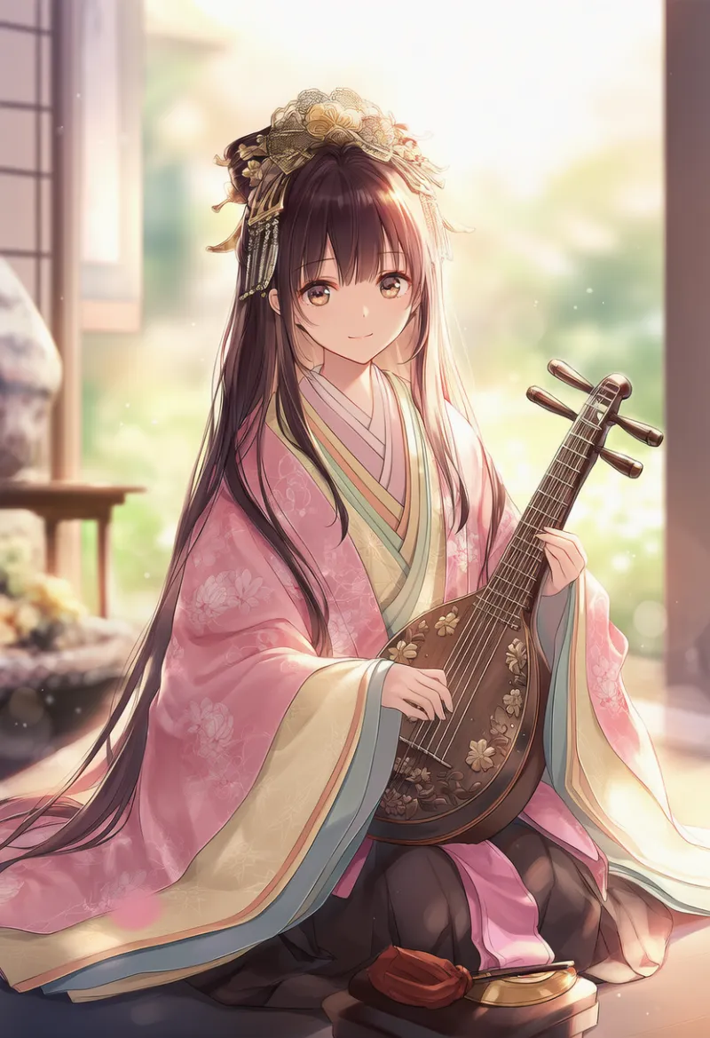 着物姿で和楽器を演奏するAIイラスト作例