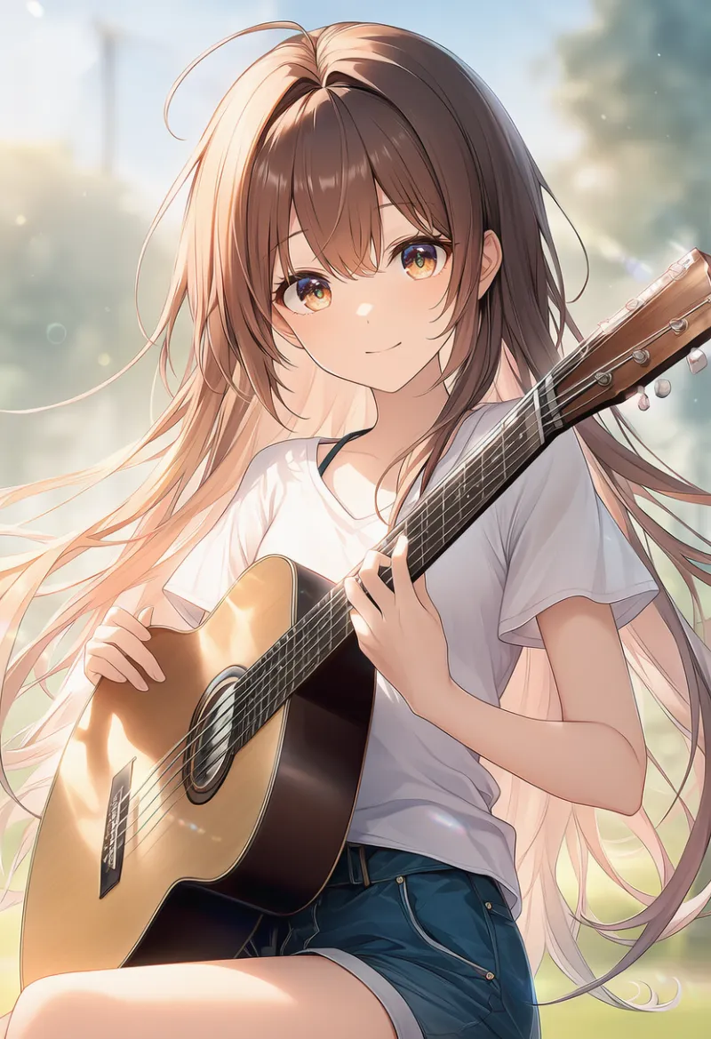 Tシャツとしょーパン姿でギターを演奏するAIイラスト作例