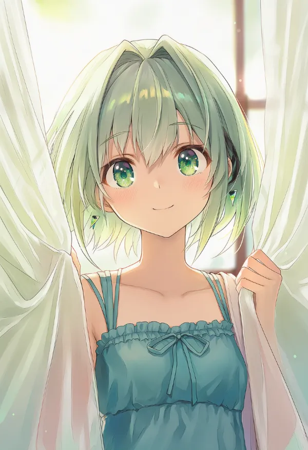 カーテンを引くポーズのAIイラスト|プロンプト紹介