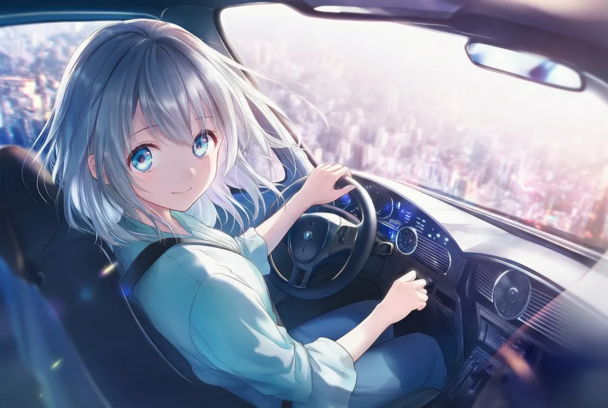 車を運転するキャラクターを車内から描写したAIイラスト作例