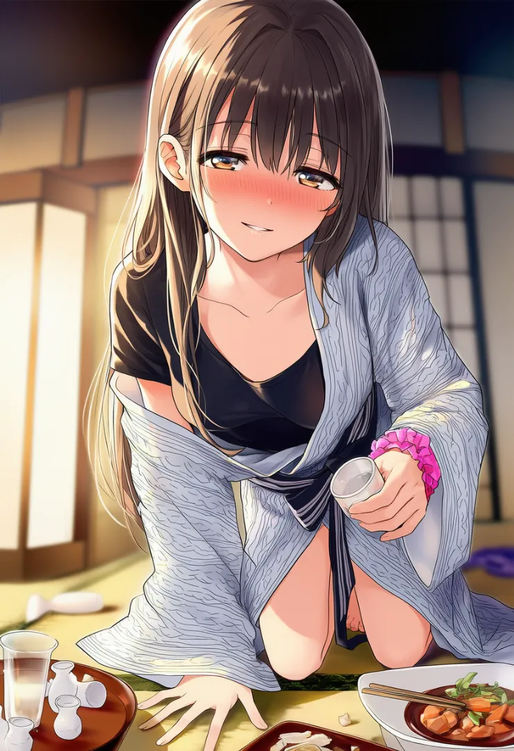 旅館の和室で酔っ払うシーンのプロンプト｜NovelAI生成の作例