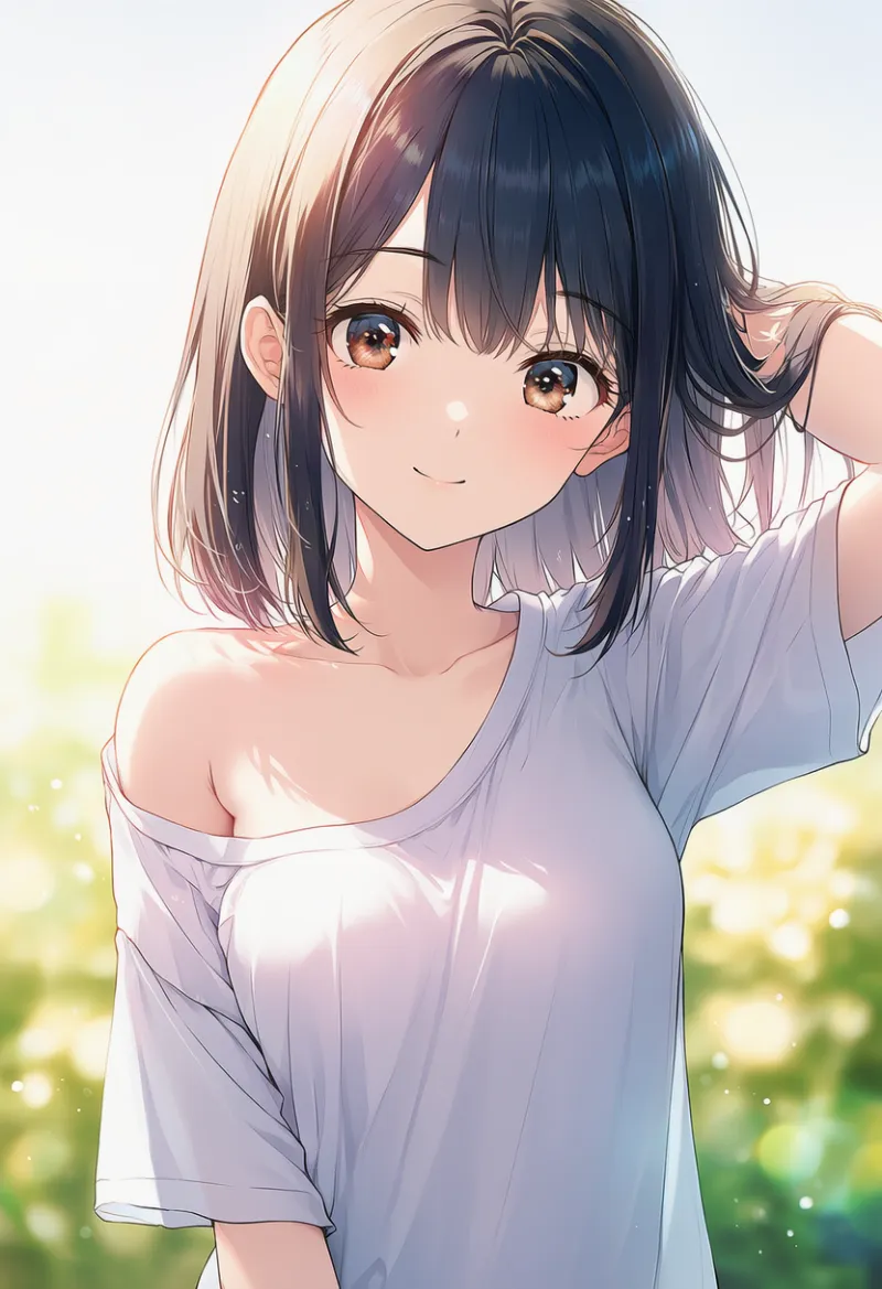 シャツがズレて肩が見える状態のAIイラスト｜プロンプト紹介