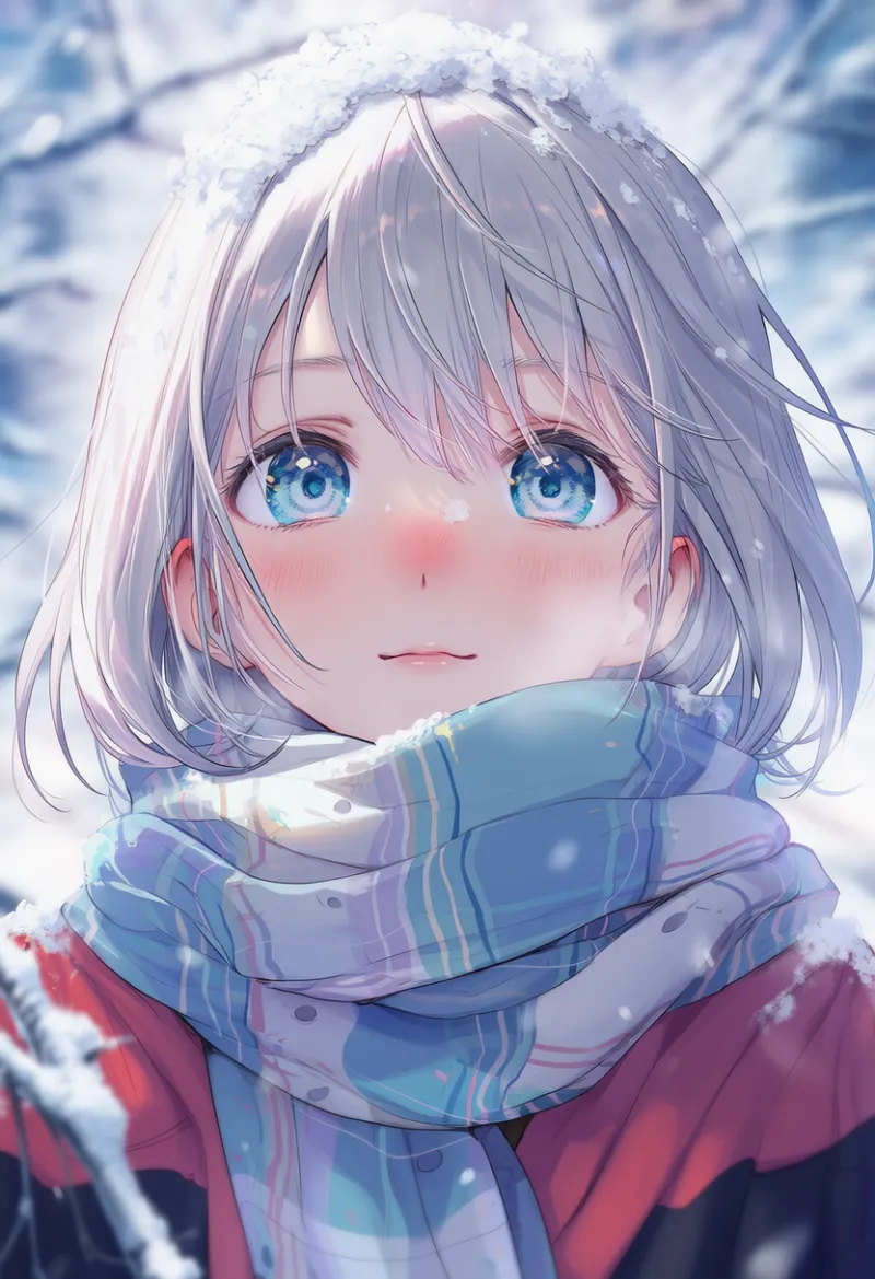 髪に雪、頭に雪が積もったAIイラスト｜プロンプト紹介