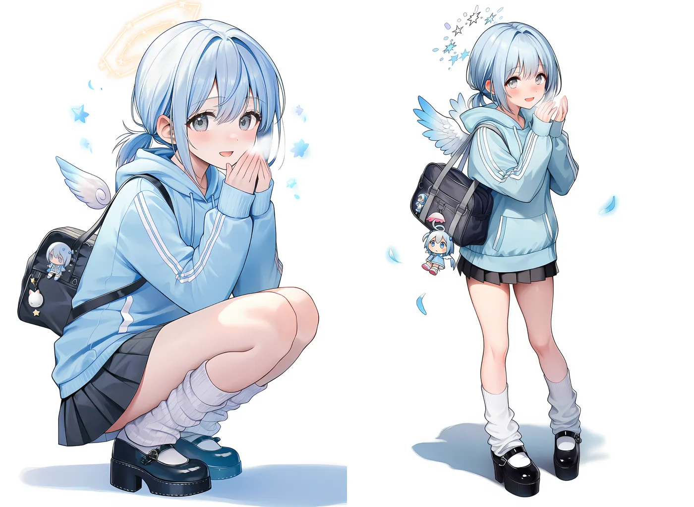 水色フーディ×黒プリーツ|天使界隈ファッションのプロンプト