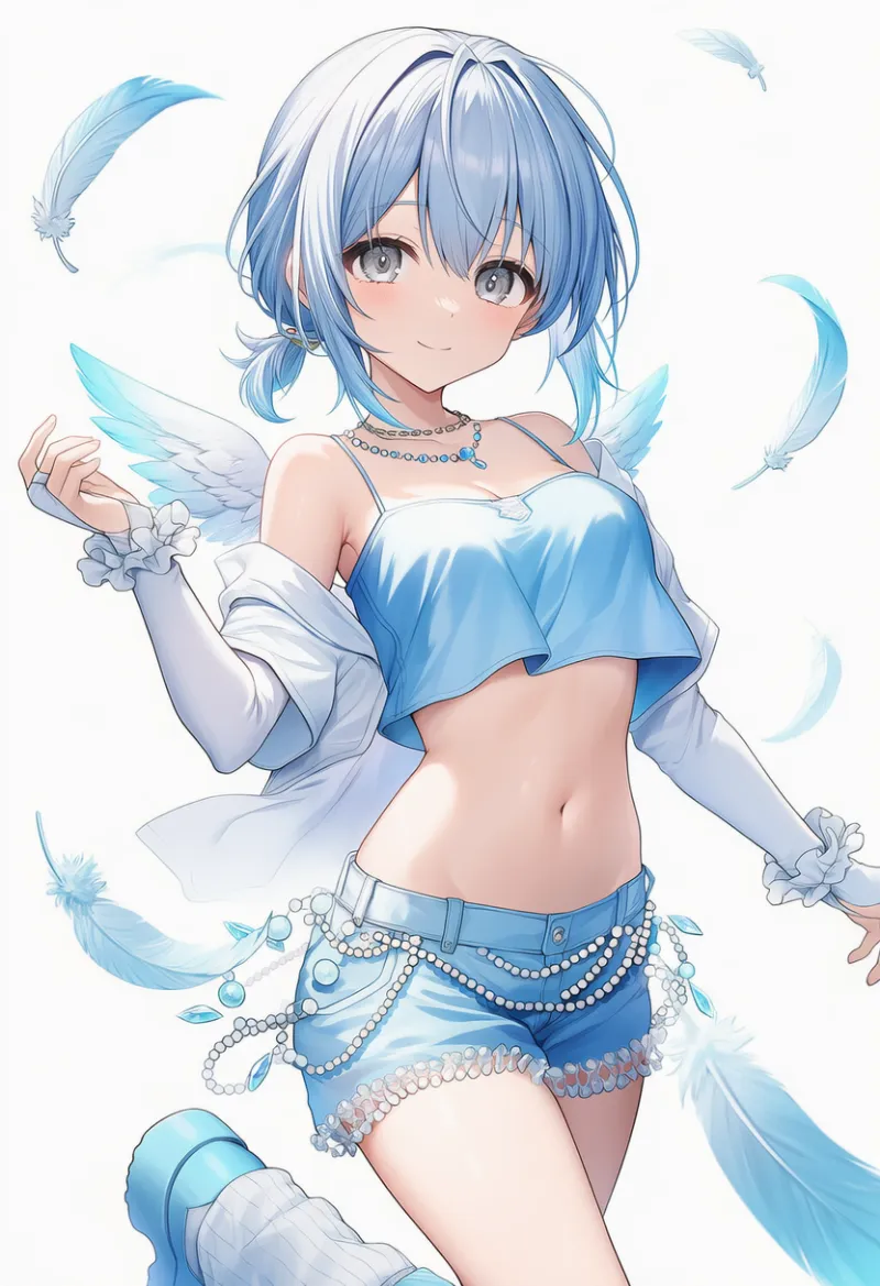 ブルーチューブトップ×ビーズ付きショーパン|天使界隈ファッションのプロンプト