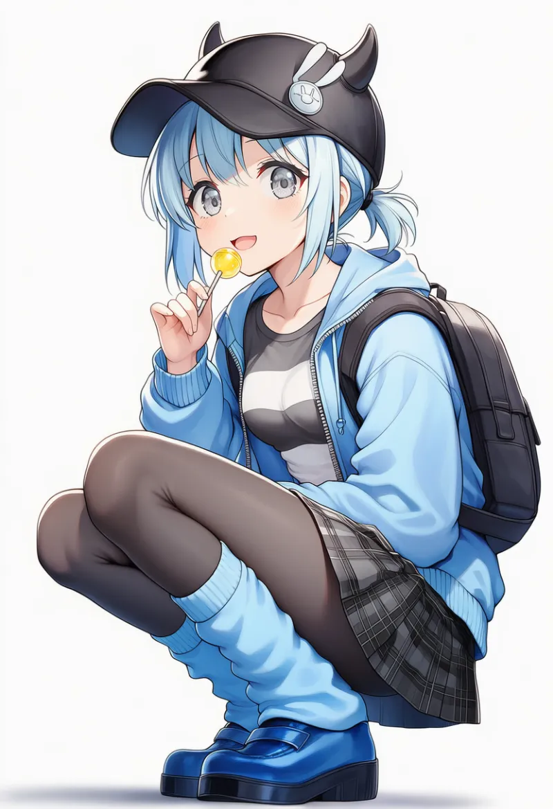 黒角帽×ブルージャケット|天使界隈ファッションのプロンプト