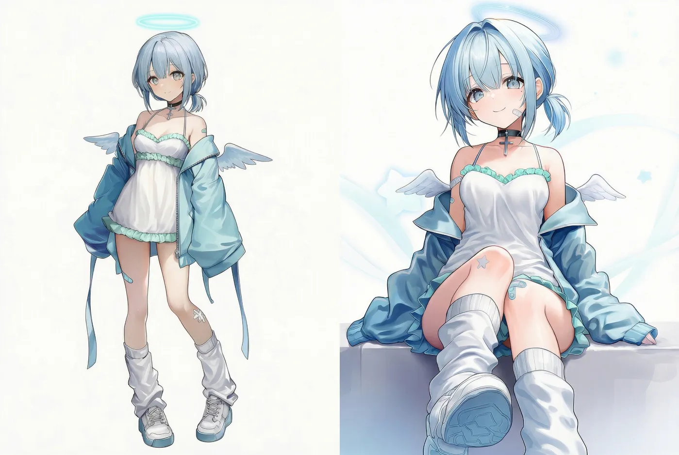 白キャミソール×フリルミニ×水色ジャケット|天使界隈ファッションのプロンプト