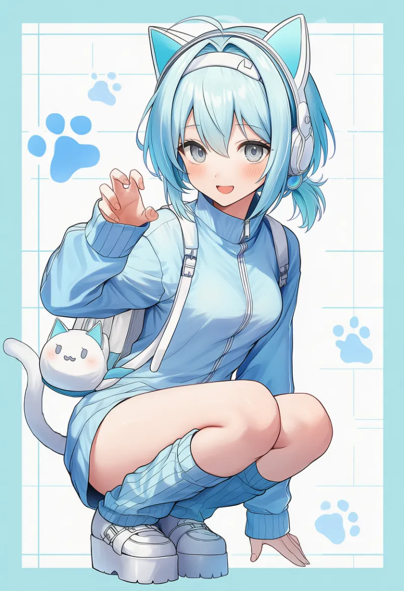 猫耳ヘッドホン×白青アクセ|天使界隈ファッションのプロンプト