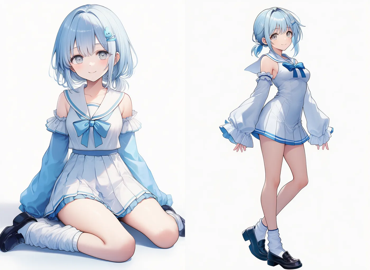 白ノースリーブ×青リボン×白ミニスカ|天使界隈ファッションのプロンプト