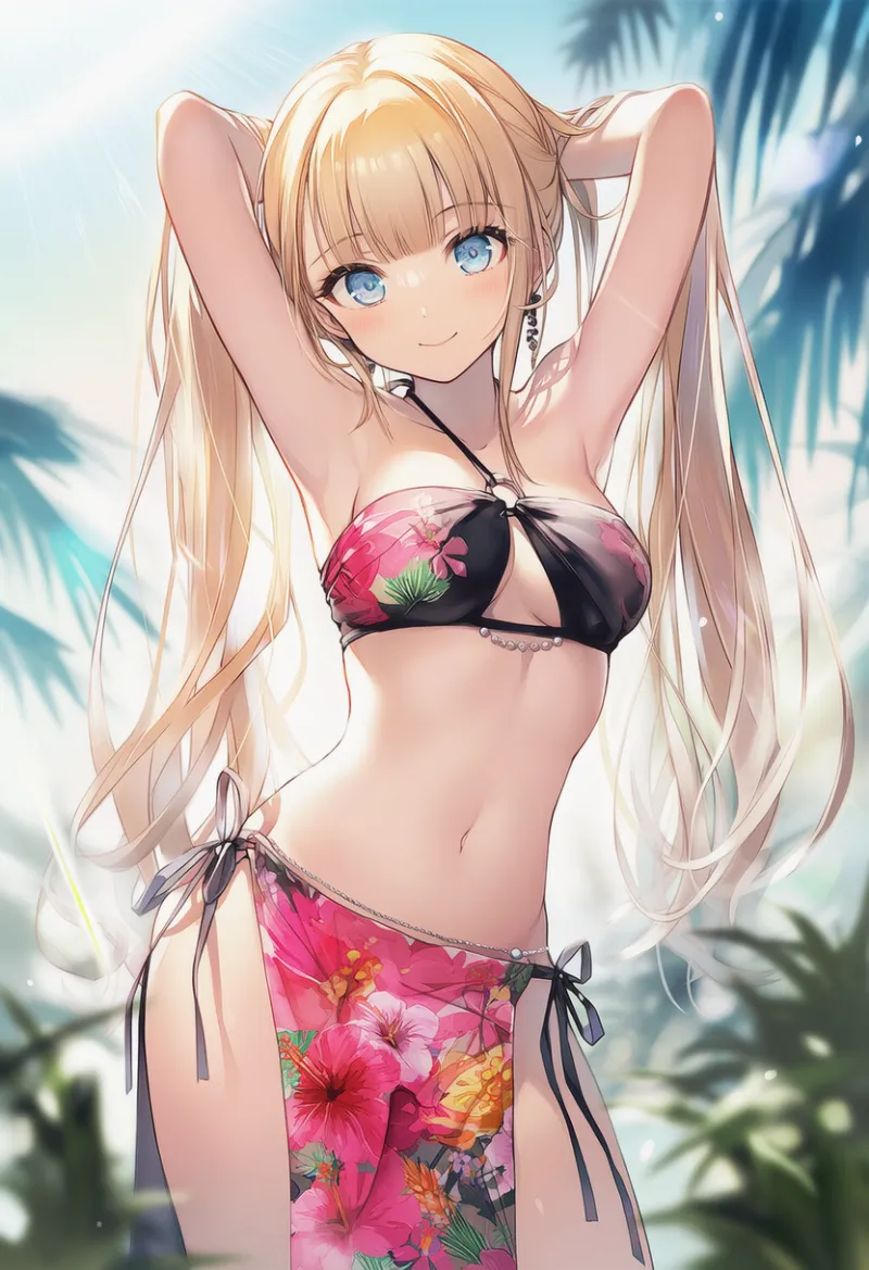 トロピカル柄の水着のプロンプト｜AIイラスト作例