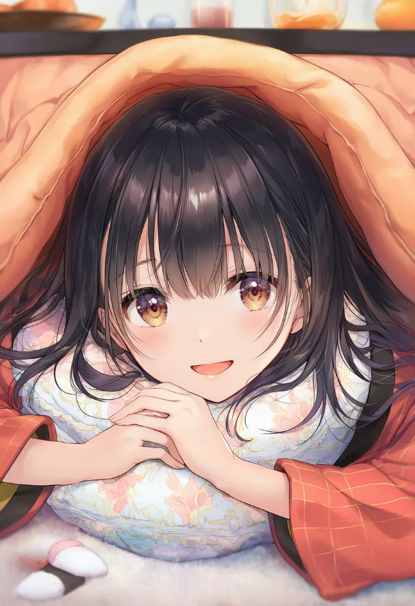 こたつにもぐる状態の再現用プロンプトとAIイラスト作例