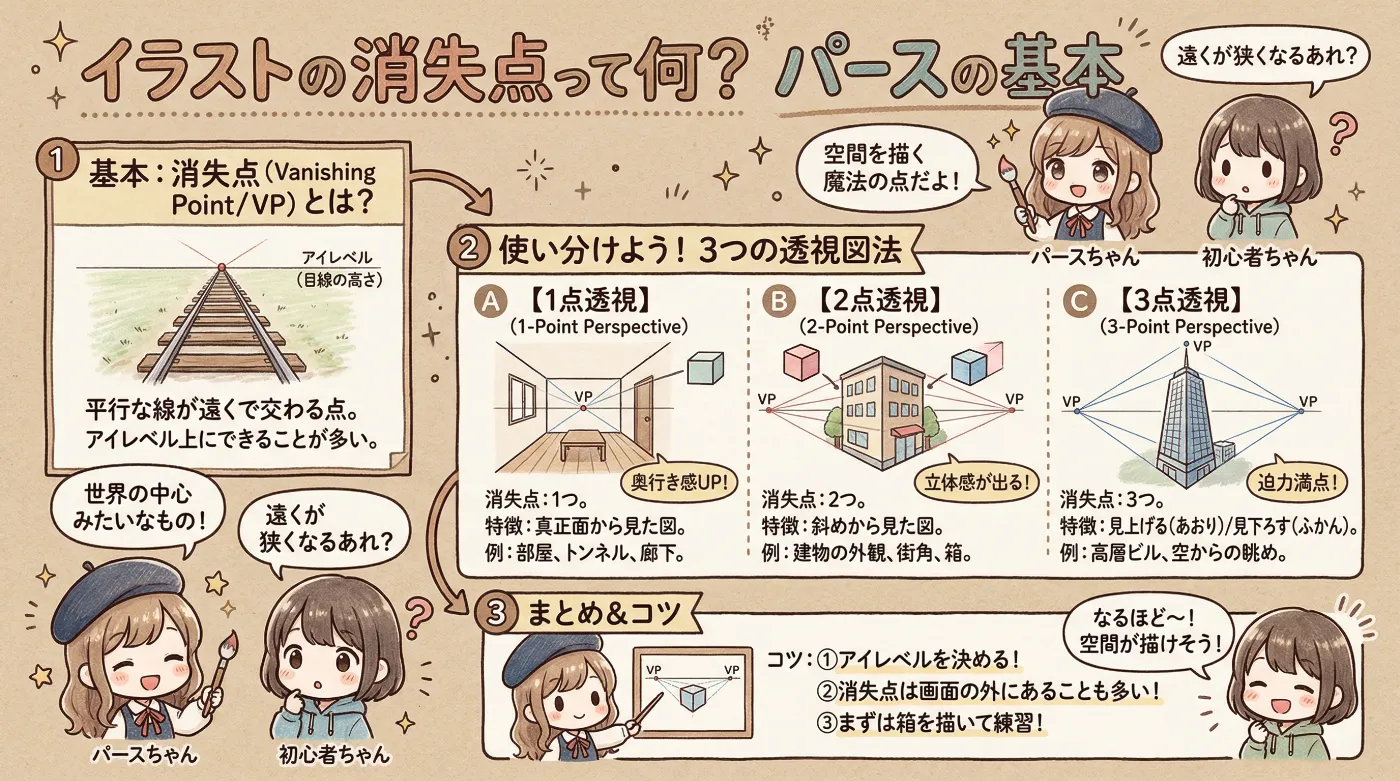イラストの消失点を解説する図解イラスト