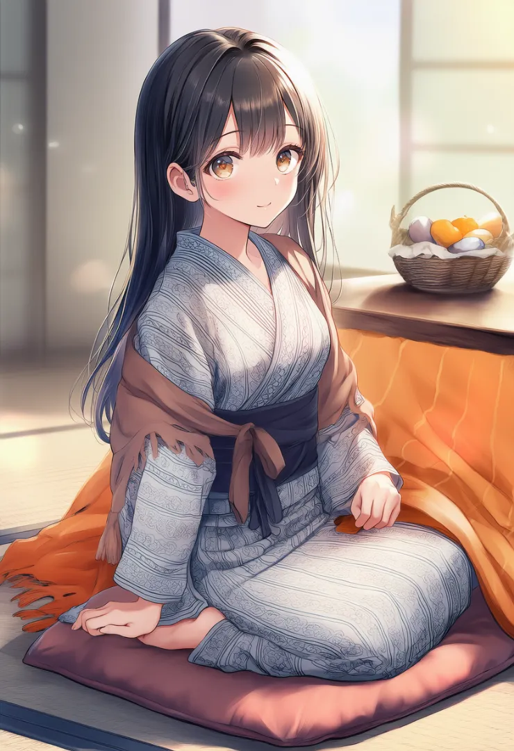 こたつのある冬の和室の再現用プロンプトとAIイラスト作例