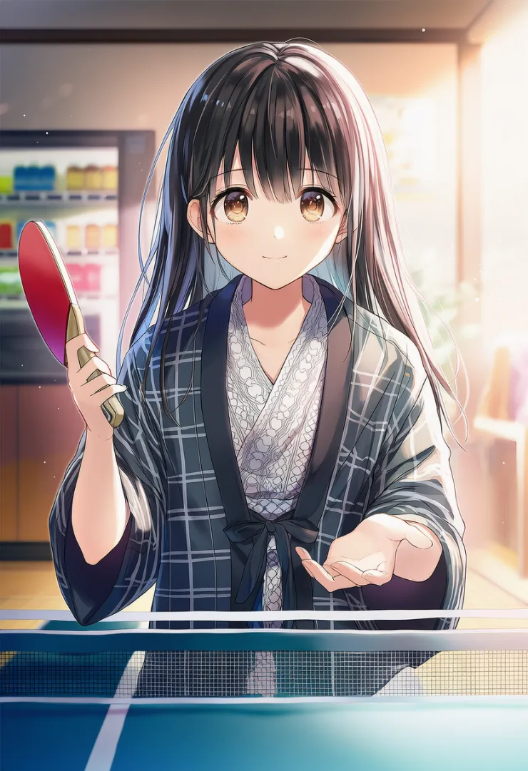 卓球台の見える旅館の部屋の再現用プロンプトとAIイラスト作例