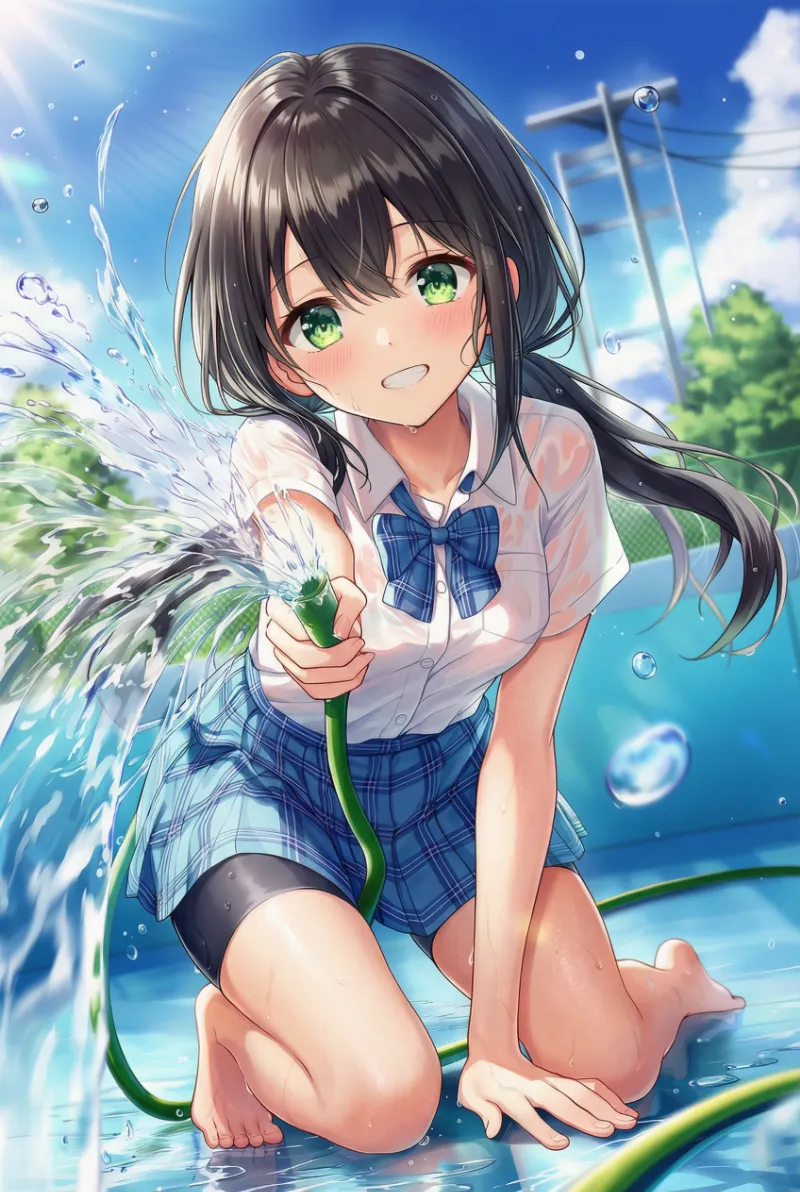 プールでホースの水をかけて遊ぶシチュエーションのAIイラスト｜プロンプト紹介