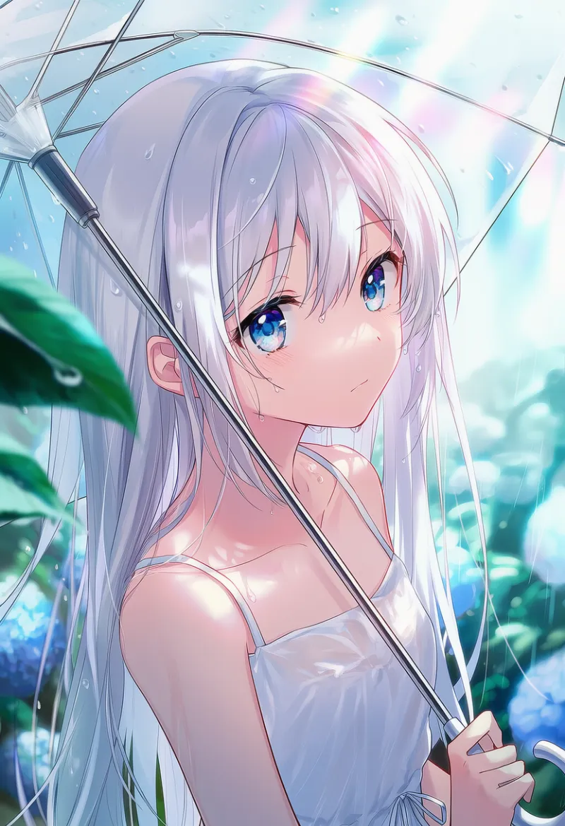 雨の日に紫陽花の下で透明傘を差すシチュエーションのAIイラスト｜プロンプト紹介