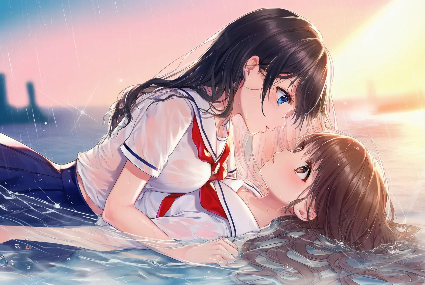 雨のサンセットオーシャンで水に浮かんで見つめ合うシチュエーションのAIイラスト｜プロンプト紹介