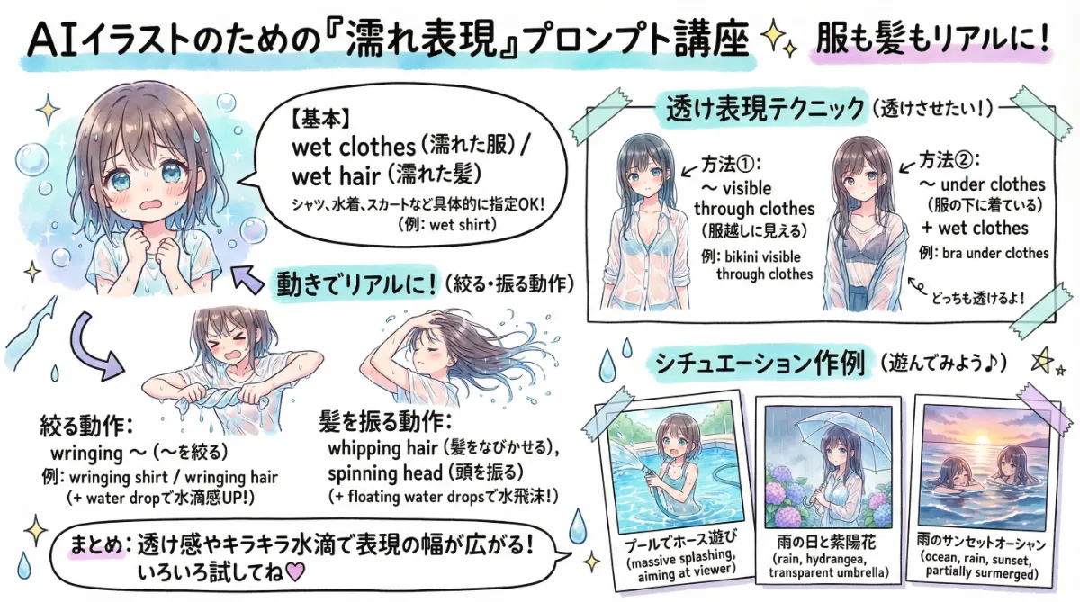 AIイラストのための服が濡れる・髪が濡れるプロンプト紹介をまとめた図解イラスト
