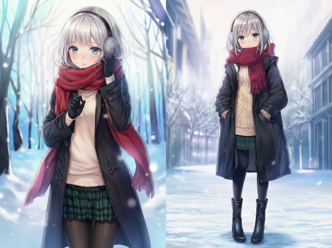 ロングコート＋マフラーの冬服プロンプト｜AIイラスト