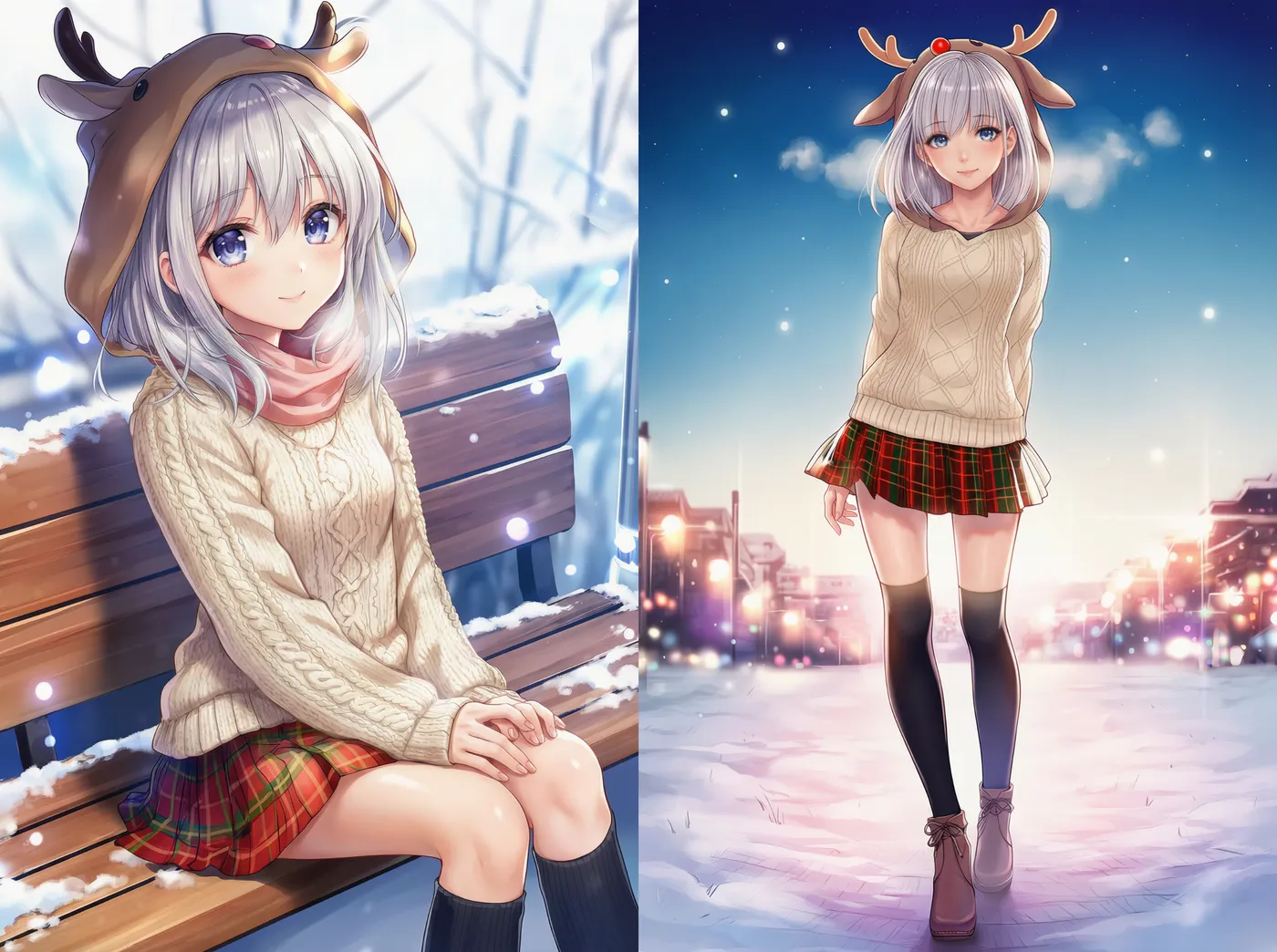 セーター＋ミニスカート（クリスマス風）の冬服プロンプト｜AIイラスト