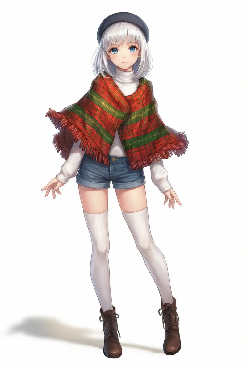 チェック柄ポンチョガーリー服｜冬服コーデのプロンプト