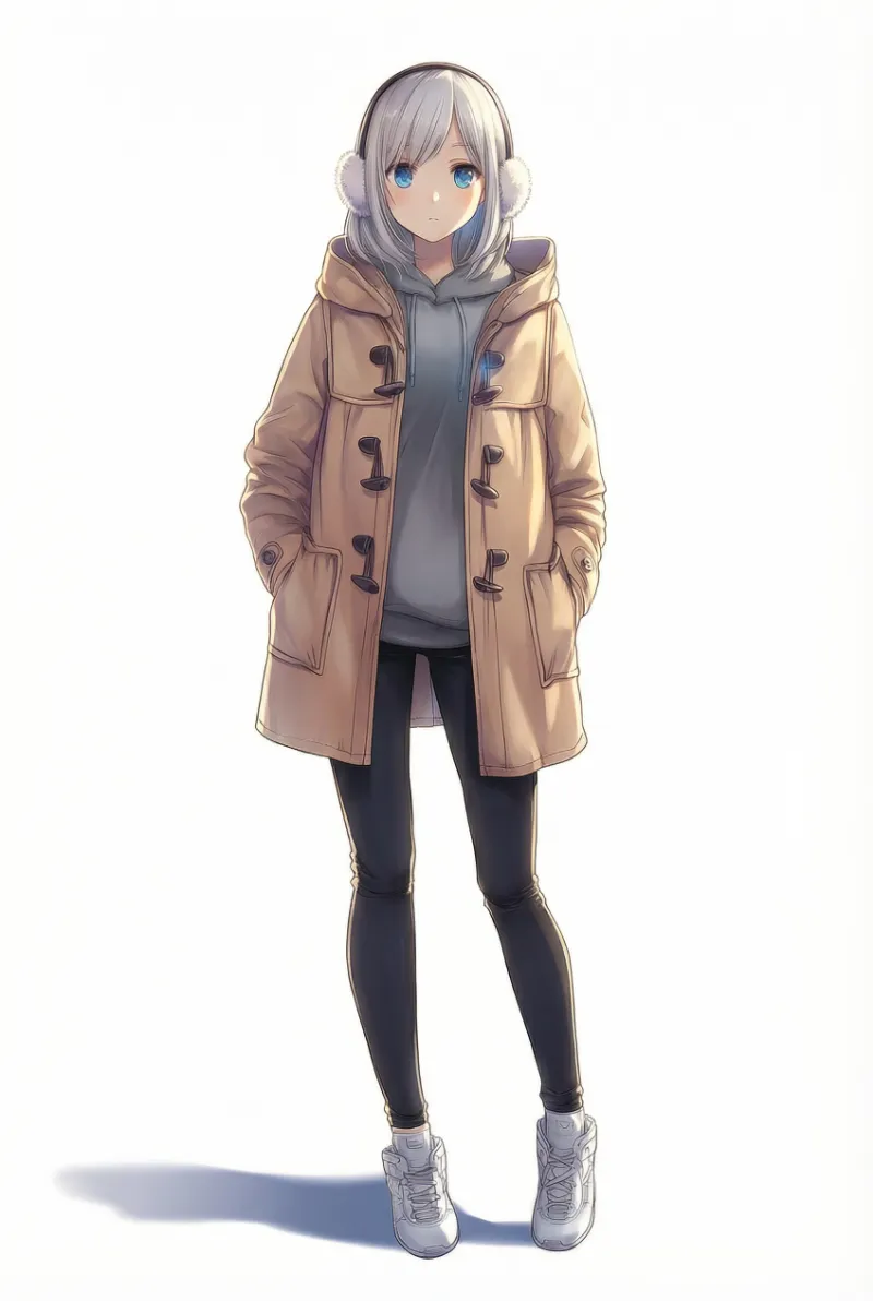 モカ色ロングダッフルコート｜冬服コーデのプロンプト