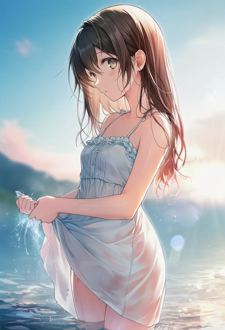 ワンピースの裾を絞る動作のプロンプト｜AIイラスト作例