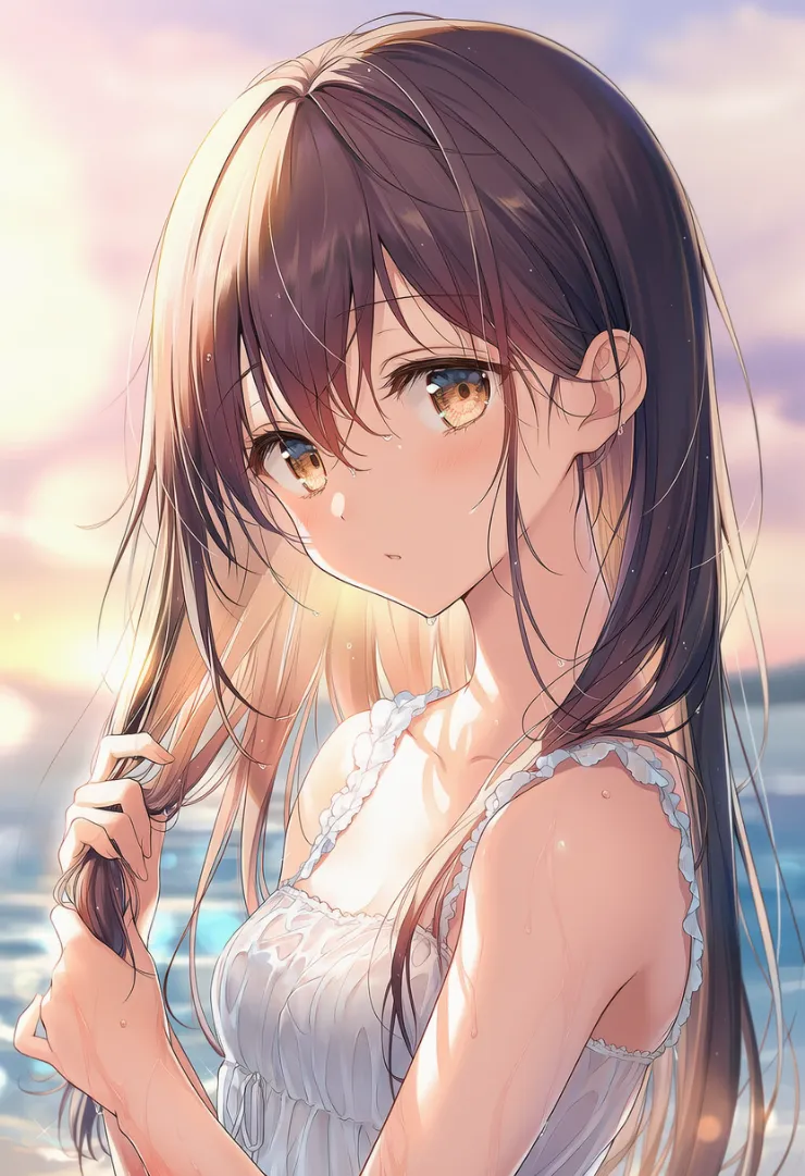 髪の毛を絞る動作のプロンプト｜AIイラスト作例