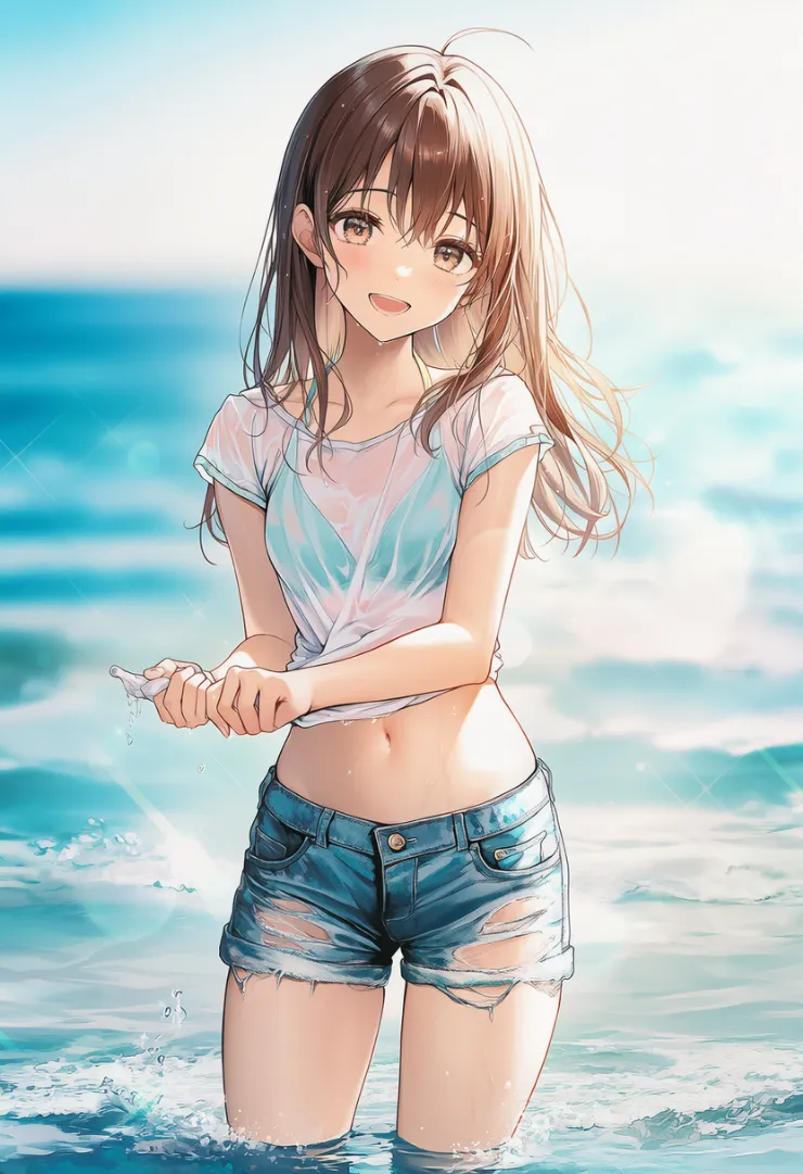 シャツを絞る動作のプロンプト｜AIイラスト作例