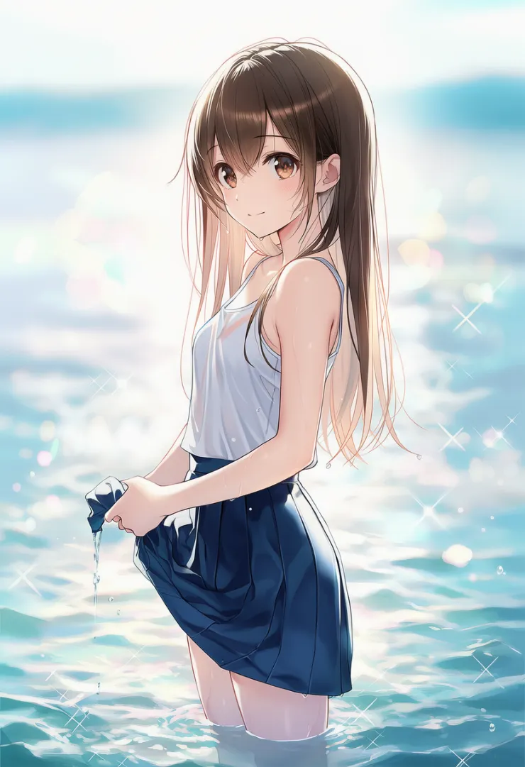 スカートの裾を絞る動作のプロンプト｜AIイラスト作例