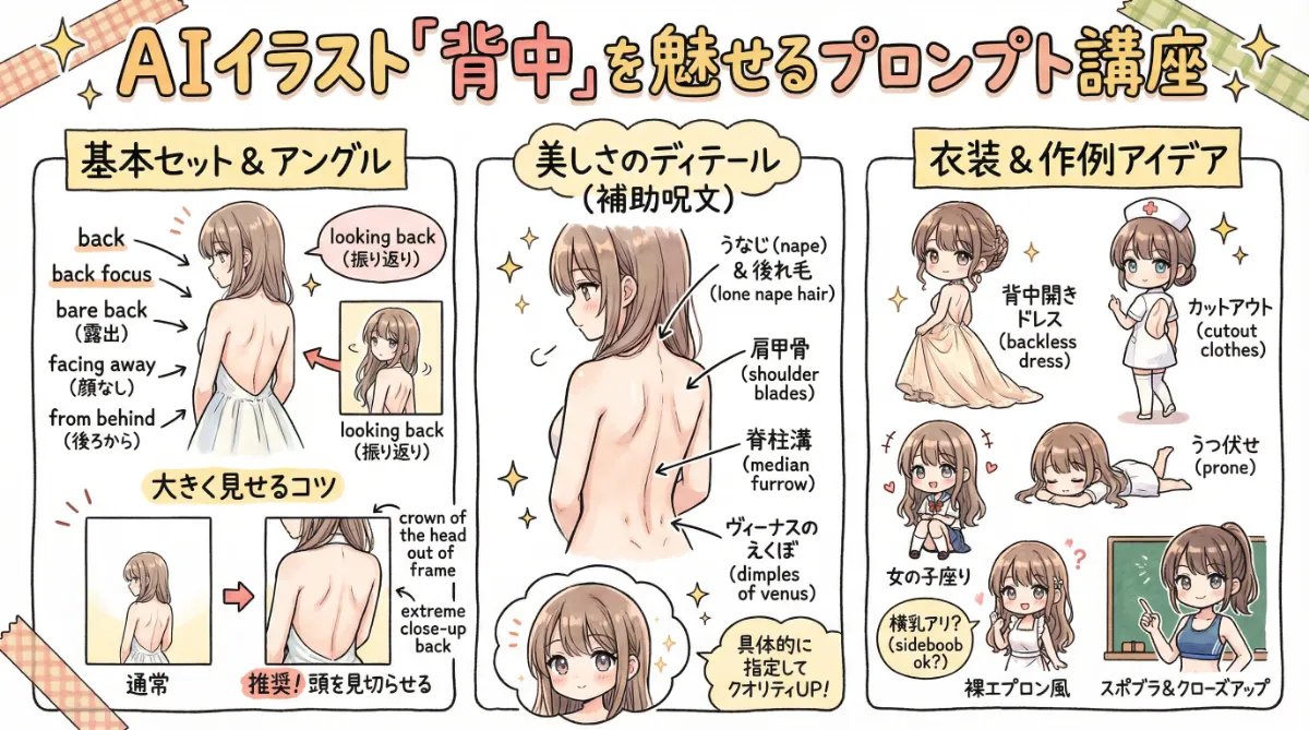 背中を綺麗に再現するプロンプト集のまとめ用図解イラスト