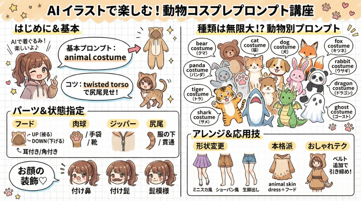 動物コスプレ・着ぐるみのプロンプト集のまとめ用の図解イラスト